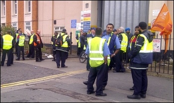 Drivers at the Longbridge Road bus garage in Barking out on the picket line, photo Hannah Sell