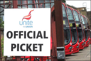 Hackney bus workers stopped the busses on the 22 June 2012 London-wide bus strike , photo by Paul Mattsson