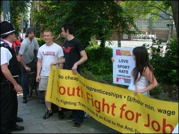 Cardiff  protest against big business 'takeover' at start of Olympics, 25.7.12, photo Dave Reid
