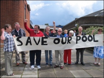 Coxford councillors Keith and Don campaigning with others to save Oaklands pool, Southampton