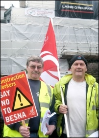 Building workers fight pay cut: at Cardiff's Royal Infirmary 24 August, fighting Besna 2, led by electrician and TUSC candidate Andrew Wilkes (on right), photo Sarah Mayo