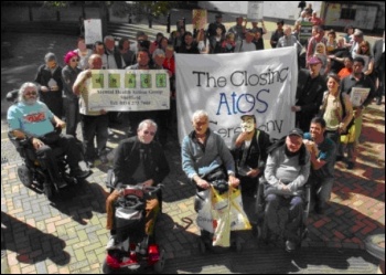 UK Uncut and Disabled People against Cuts protest against ATOS, the Paralympics Sponsors, in Hartshead Square ,Sheffield, photo Alistair Tice