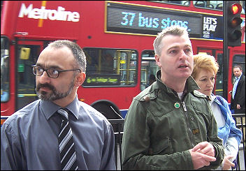 Onay Kasab and Glenn Kelly address the lobby of Unison disciplinary hearings against four Socialist Party members, photo Alison Hill