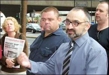Onay Kasab addresses the lobby of Unison disciplinary hearings against four Socialist Party members, photo Alison Hill