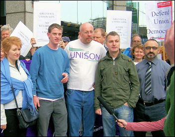 Lobby of Unison disciplinary hearings against the four Socialist Party members, here joined by the Hackney Unison branch secretary, photo Alison Hill