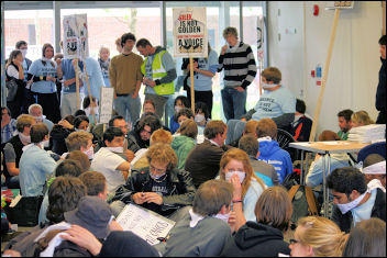 15 May, over 100 Southampton University students occupied the entrance to the lecture theatre due to host the University Court meeting, photo Southampton Socialist students