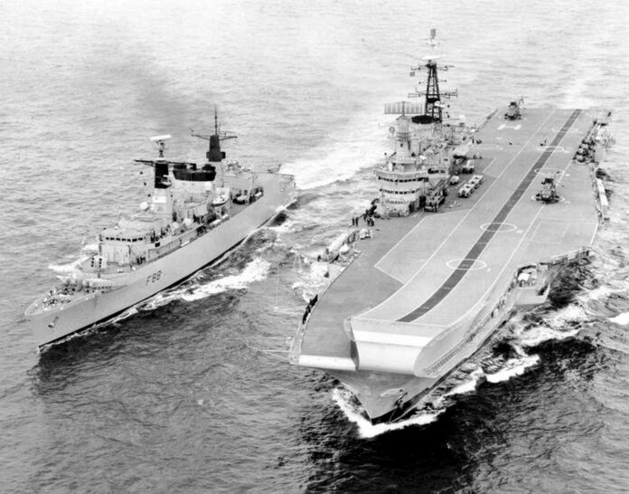 Part of the Royal Navy task force steaming towards the Falklands war zone in the South Atlantic. Photo: Public Domain