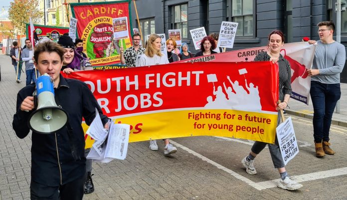 John Williams marching with Youth Fight for Jobs. John successfully moved a motion at Wales TUC congratulating the campaign.