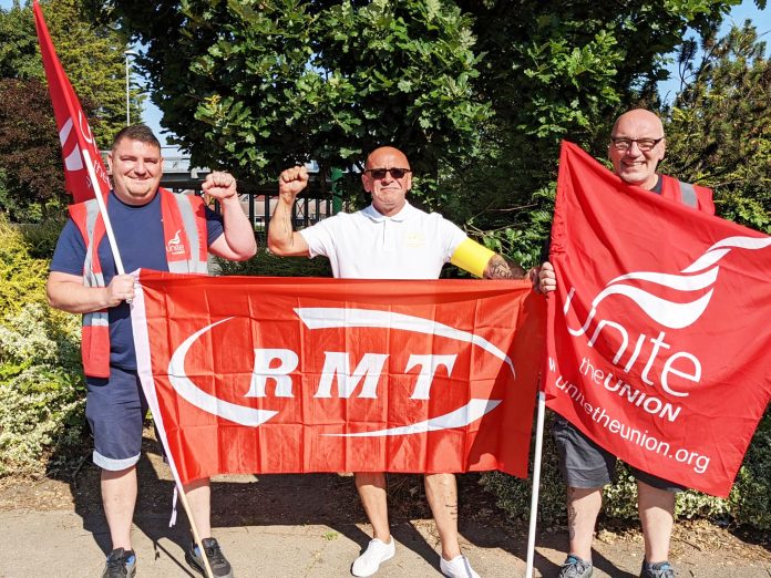 Striking RMT and Unite Coventry bin workers side by side. Photo: Len Shail