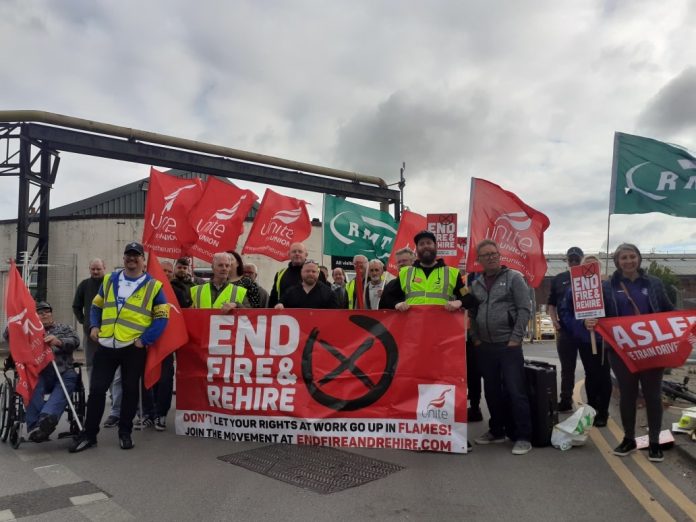 Unite and RMT members on strike together at Doncaster Wabtec - photo Alistair Tice