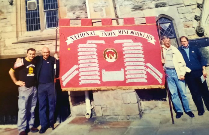 From left to right: Steve Minney, Froggy, Eric Eton and Keith Stanley at Durham Miners' Gala 2002