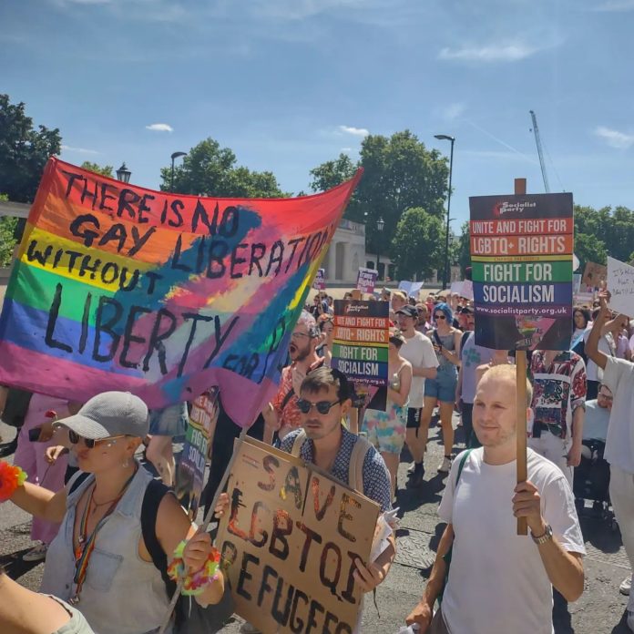 Trans rights protest in London 9 July. Photo: London SP