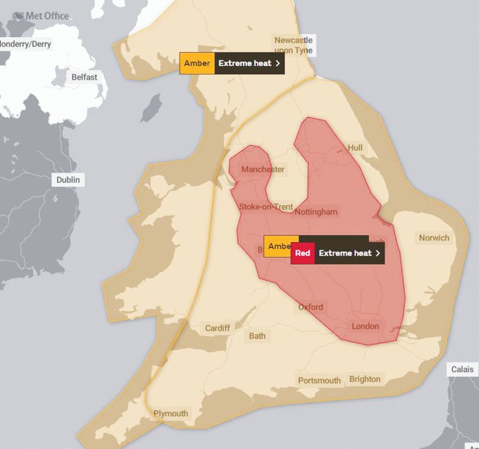 Extreme Heat weather warning 19 July Image: Ppen street map via Met Office Extreme Heat weather warning 19 July Image: Ppen street map via Met Office