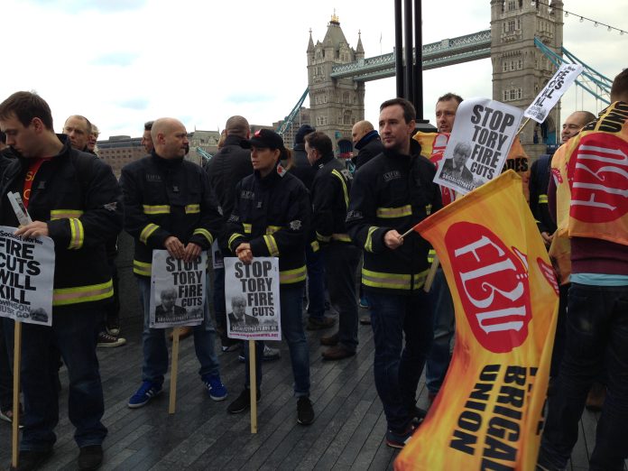 FBU firefighters union protesting against Tory fire service cuts in London - photo Paula Mitchell