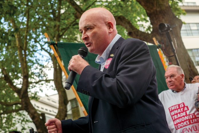 Mick Lynch addresses CWU strike rally, photo Paul Mattsson