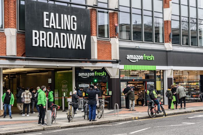 Opening day on 4 March 2021 for the first fully-automated, no-checkout Amazon Fresh store in Europe. Located in the Ealing Broadway Centre, Ealing West London, photo Roger Green/CC