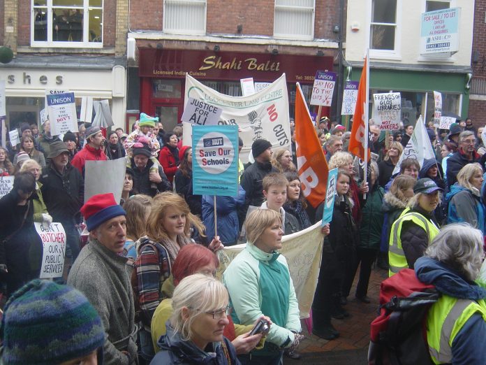 Marching against council cuts in Gloucester as austerity began in 2010. Photo Chris Moore