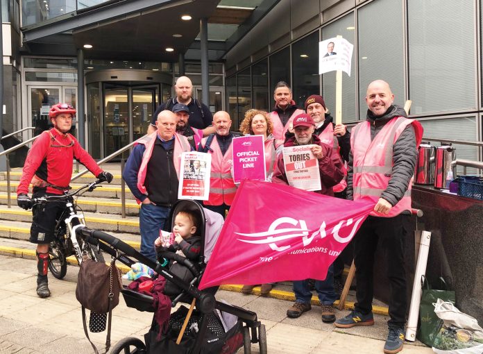 CWU members in BT are taking four days of national strike action on 6, 10, 20, and 24 October. Photo Leeds Socialist Party CWU members in BT are taking four days of national strike action on 6, 10, 20, and 24 October. Photo Leeds Socialist Party