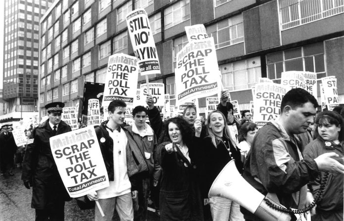 Anti-poll tax demo in Glasgow, 09/03/1991. Scotland was where the Tories first experimented with their poll tax, and where the strategy of non-payment was developed by members of Militant  Photo: Jeff Smith