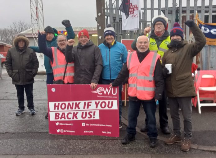 Striking CWU members in Prenton. Including Jane Loftus (left)
