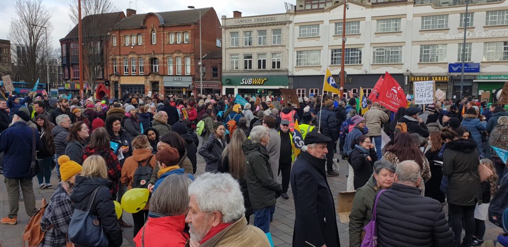 Strikers gathering in large numbers for the march and rally in Leicester. 1.2.23. Photo from Steve Score