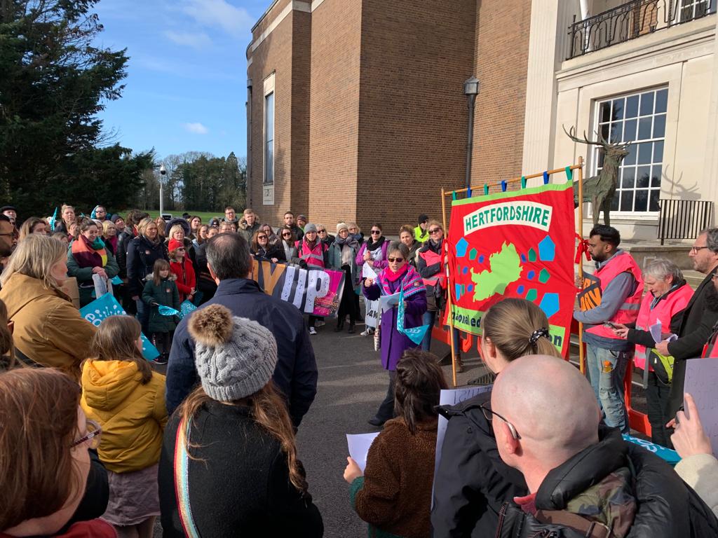 Rally outside Hertford town hall, 1.2.23. Photo from Barbara 
