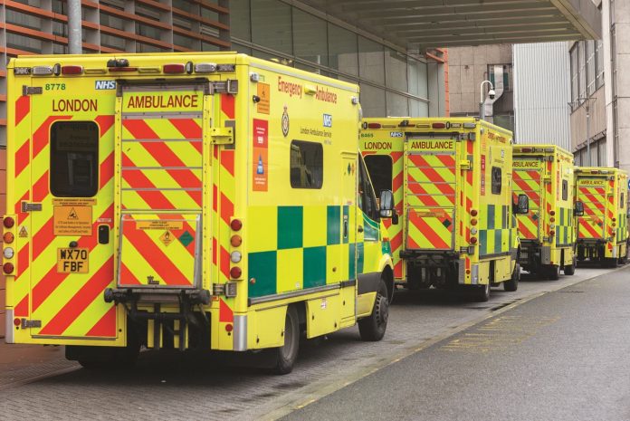 Ambulance-14 NHS winter crisis. London Ambulance Service emergency ambulances outside Royal London Hospital A&E Accident and Emergency department. Whitechapel East London Photo: Paul Mattsson