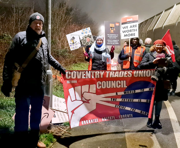 Coventry TUC banner at Amazon strike. Photo Coventry SP