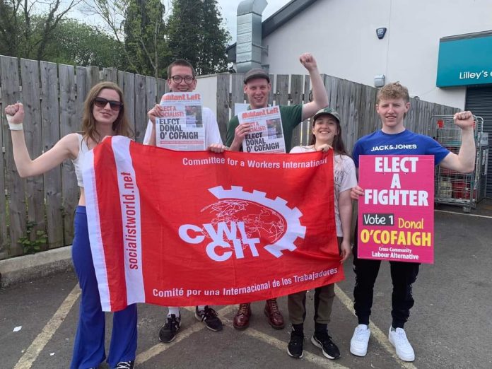 347857846_620485316793337_3383290088416129083_n Militant Left and CWI members campaigning for Donal O'Cofaigh who unfortunately lost his seat during these elections. Photo: Militant Left