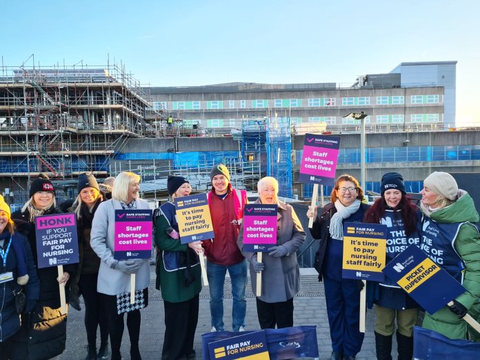 RCN members striking in December Merthyr, photo Socialist Party Wales