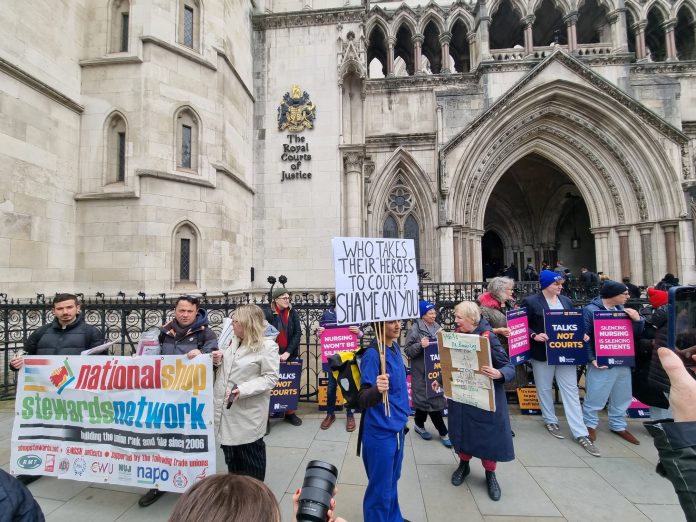 RCN members protest outside court