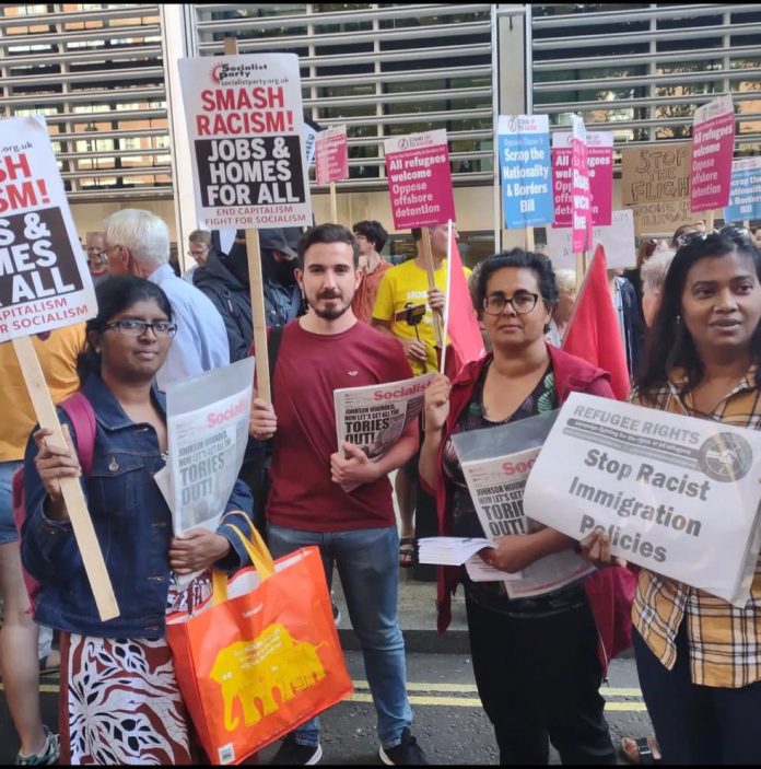 Lawanya (right) with the Socialist Party, Refugee Rights and Tamil Solidarity on a protest against Tory Rwanda deportations. Photo: Refugee Rights Lawanya (right) with the Socialist Party, Refugee Rights and Tamil Solidarity on a protest against Tory Rwanda deportations. Photo: Refugee Rights