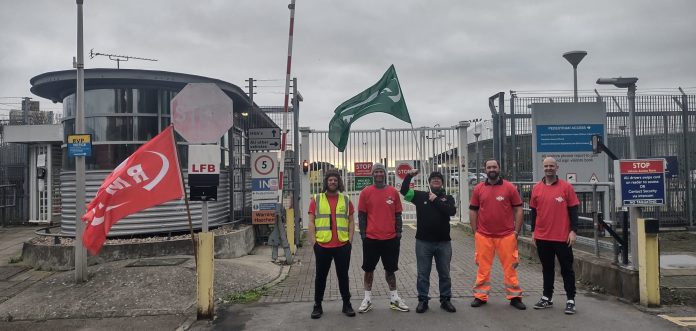 RMT members on strike at Stratford maintenance depot. Photo: East London SP