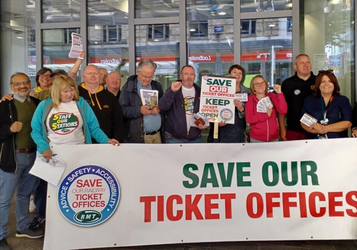Brum ticket offices RMT campaigning at Birmingham New Street station against ticket office closures. Photo: Brum SP
