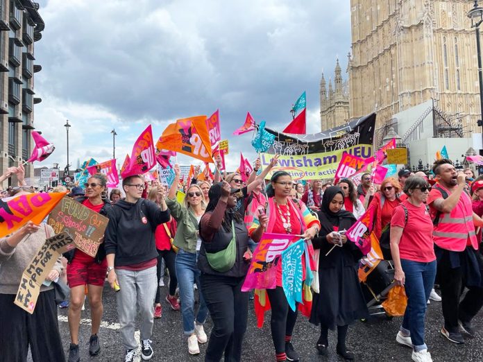 London NEU strike demo 5 July. Photo: Paula Mitchell