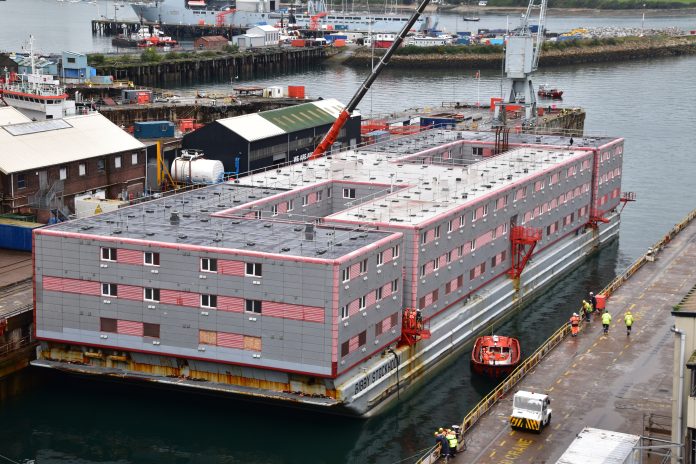 Bibby Stockholm barge docked in Falmouth. Photo: Ashley Smith/CC