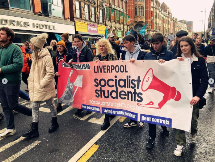 Liverpool Socialist Students marching to support striking university workers. Photo: Alex Smith