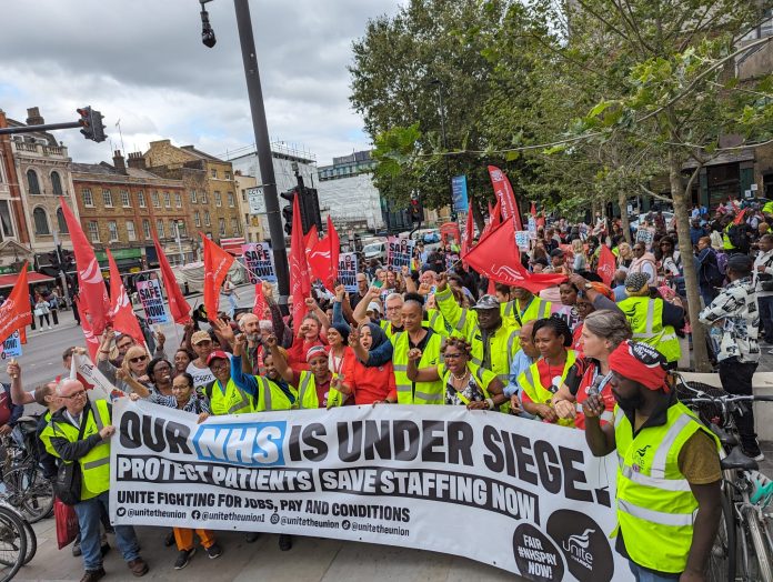 James I 6 Striking Unite members in East London have coordinated rallies with BMA consultants. Photo: James Ivens
