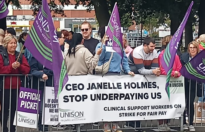 Clinical support workers (CSW) staff striking in Wirral. Photo: Steve Ion