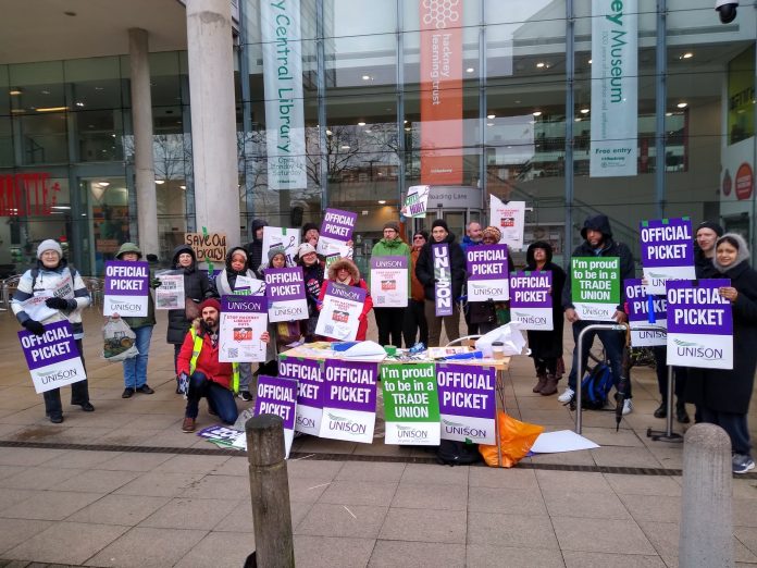 Hackney library workers on strike to save jobs. Photo: Brian Debus