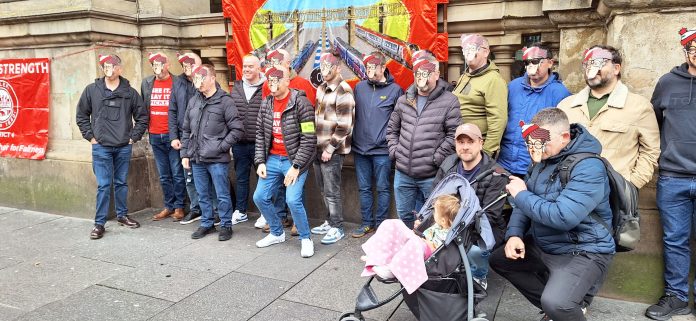 October 2023 wheres wally Elaine Aslef wheres Harper protest. Photo: Elaine Brunskill