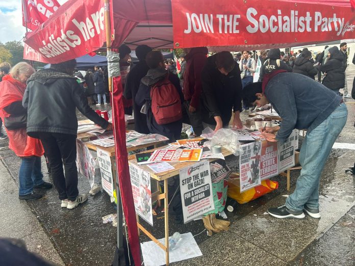 Socialist Party gazebo at stop the war on Gaza protest. Photo: Lenny Shail