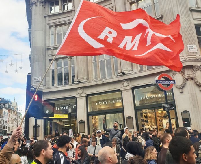 RMT flag on Palestine demo. Photo: Mark Best