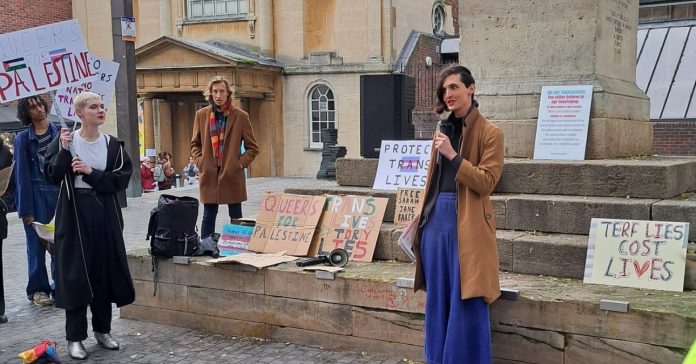 Rae speaking at Oxford trans rally