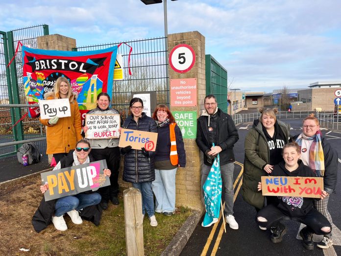 Sheila (right) on the picket line as part of the NEU national pay and funding strike. Photo: Bristol Socialist Party