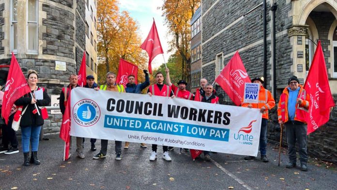 Cardiff council workers on strike. Photo: Unite Wales