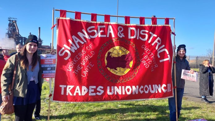 Protest outside Tata Steelworks in Port Talbot. Photo: Alec Thraves