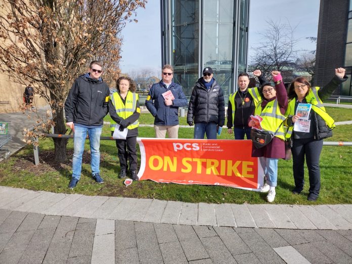 PCS members in DWP on strike as part of the national action in March 2023. Photo: Eleanor Donne