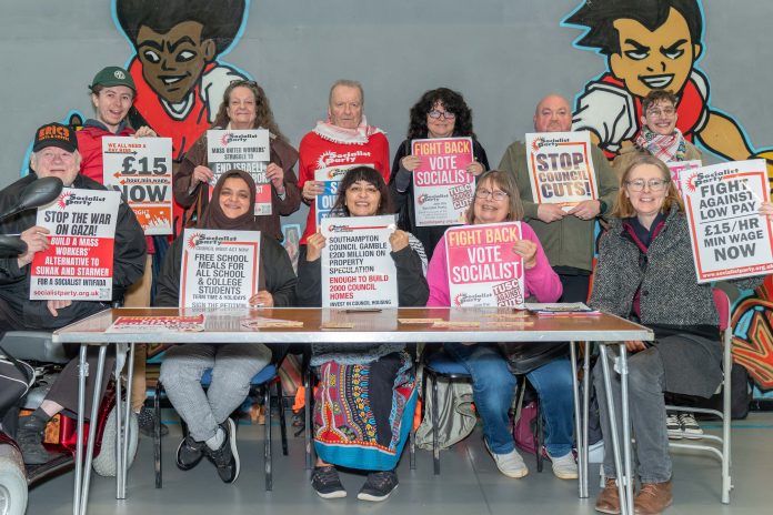 Nadia pictured at the front of the massive Bevois community meeting organised by Southampton Socialist Party. Photo: Amjid Jabbar