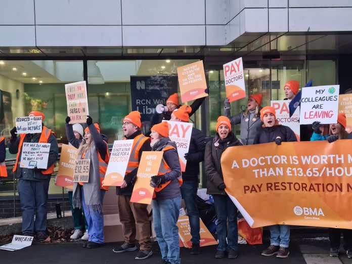 Junior doctors striking at UCH Cardiff. Photo: Dave Reid
